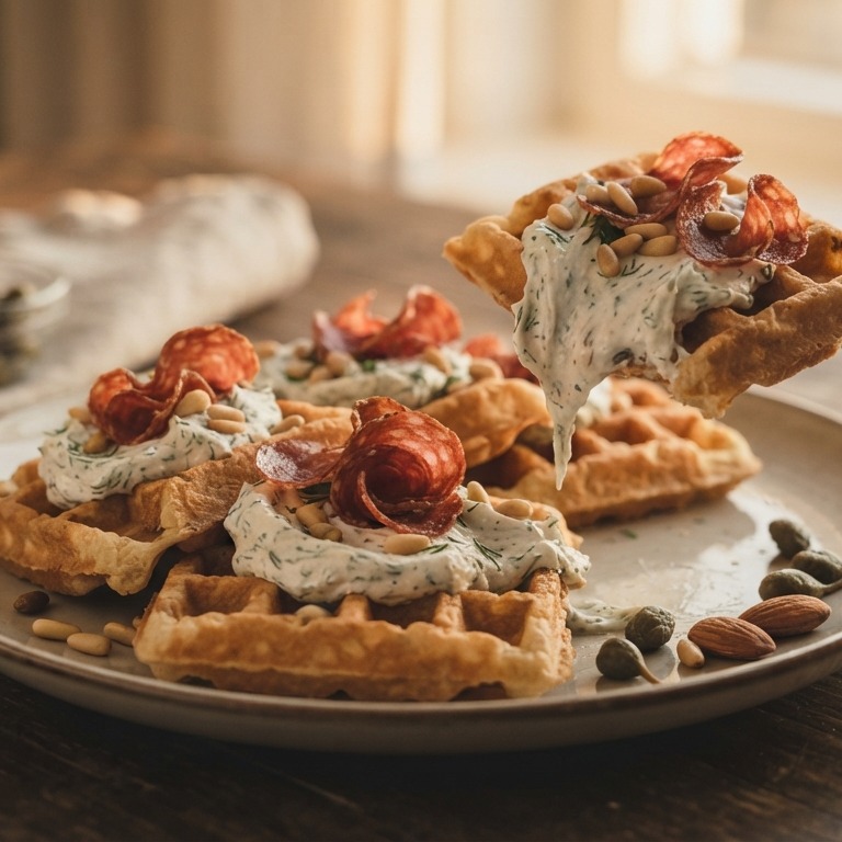 Hartige wafels met frisse roomkaas en salamichips