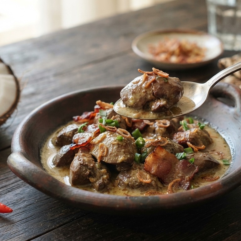 Hati ajam goreng (kippenlever en rookspek met kokosmelk)