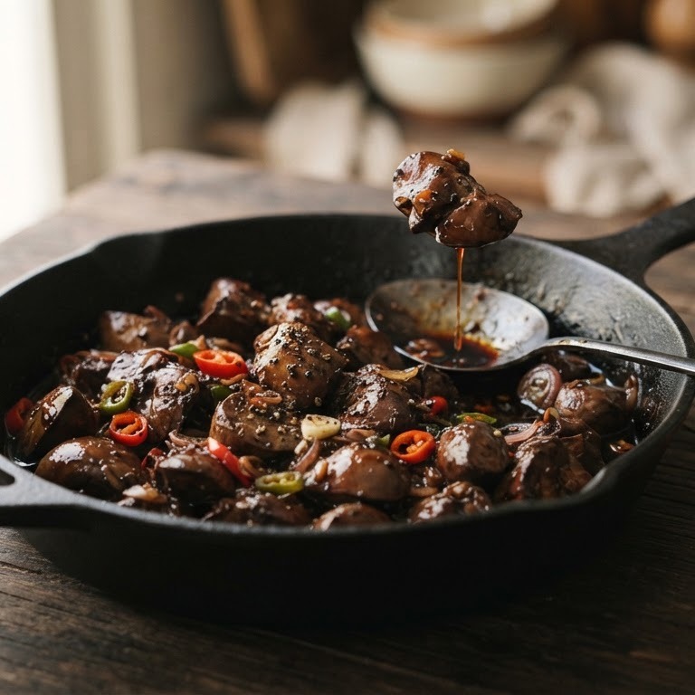 Hati ajam ketjap pedis (gebakken kippenlever in hete ketjapsaus)