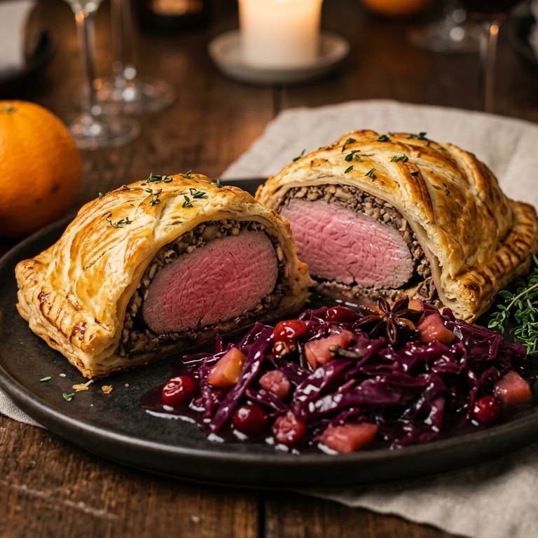 Hazenrugfilet in bladerdeeg met rode kool