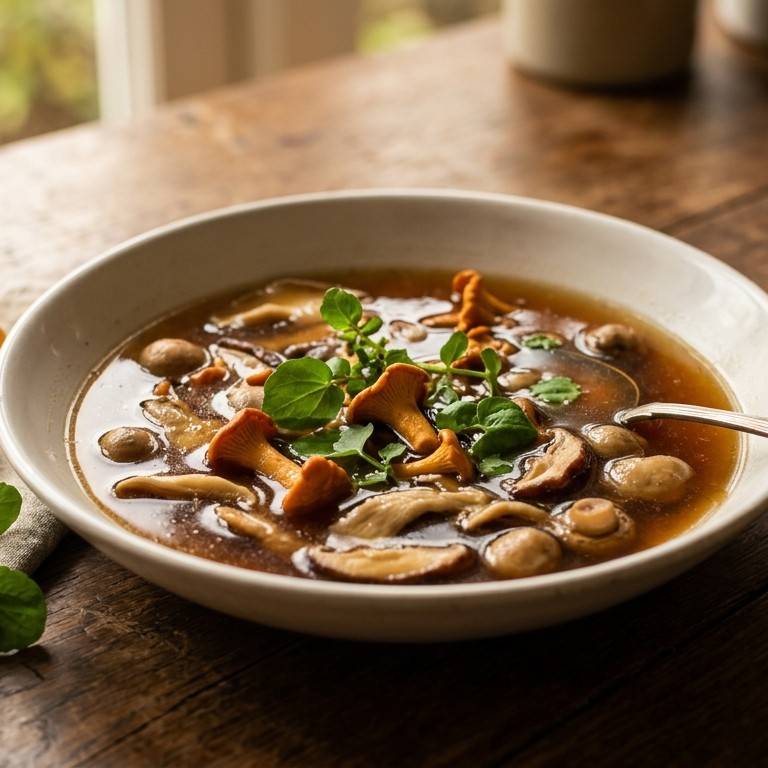 Heldere bouillon met paddestoelen