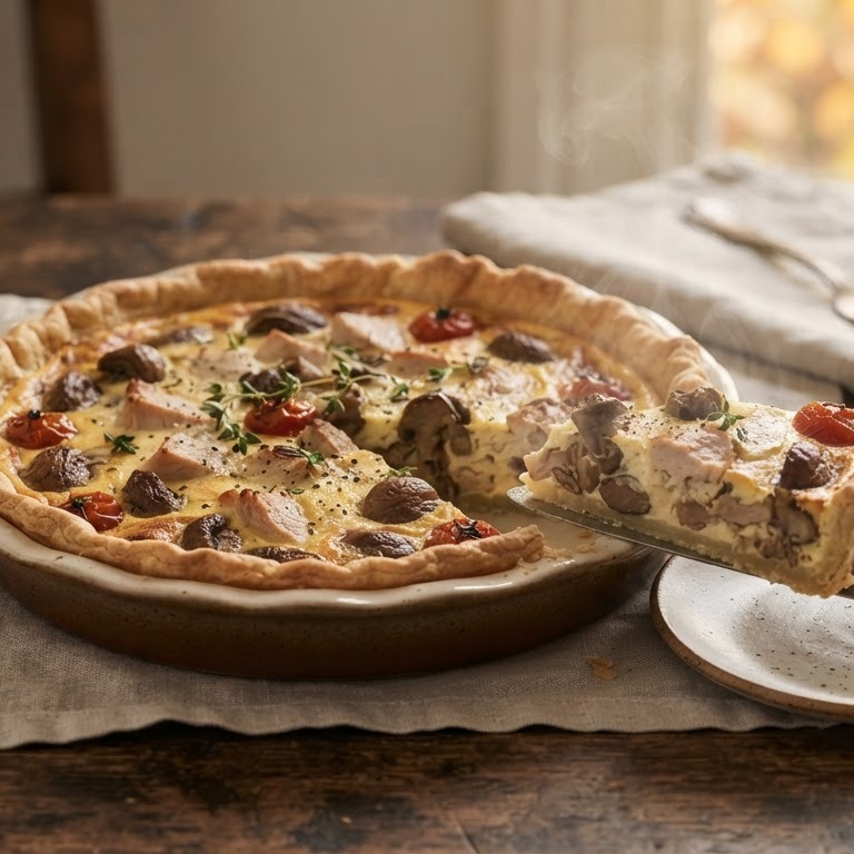 Herfsttaart met kastanjechampignons en kalkoen