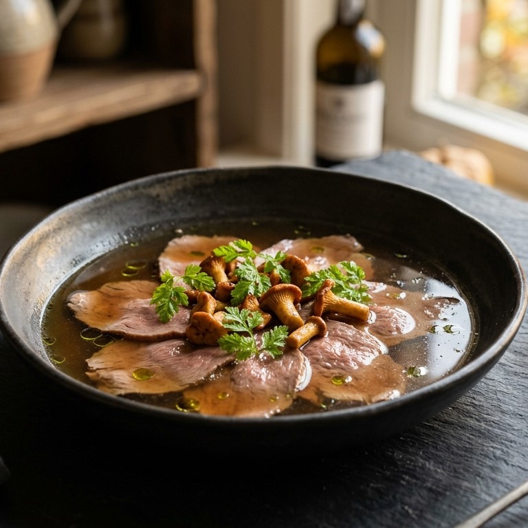 Hert carpaccio in wildbouillon met cantharellen en kervel