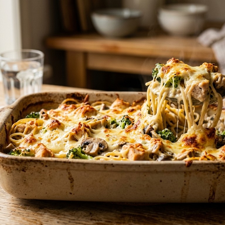 Hollandse pastaschotel met champignons en broccoli