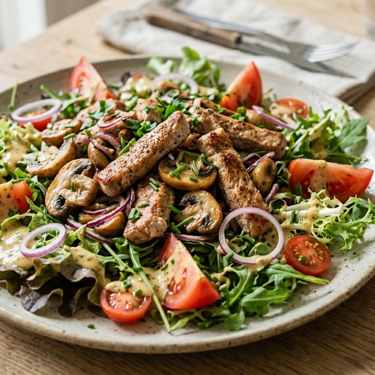Hollandse salade met varkensreepjes, champignons en tomaten