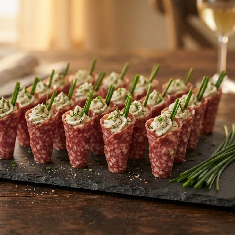 Hoorntjes salami met roomkaas en bieslook