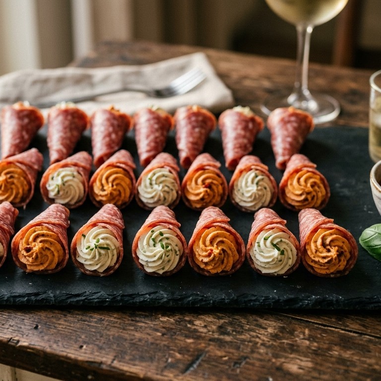 Hoorntjes salami met roomkaas en roomkaas met pesto tomaat