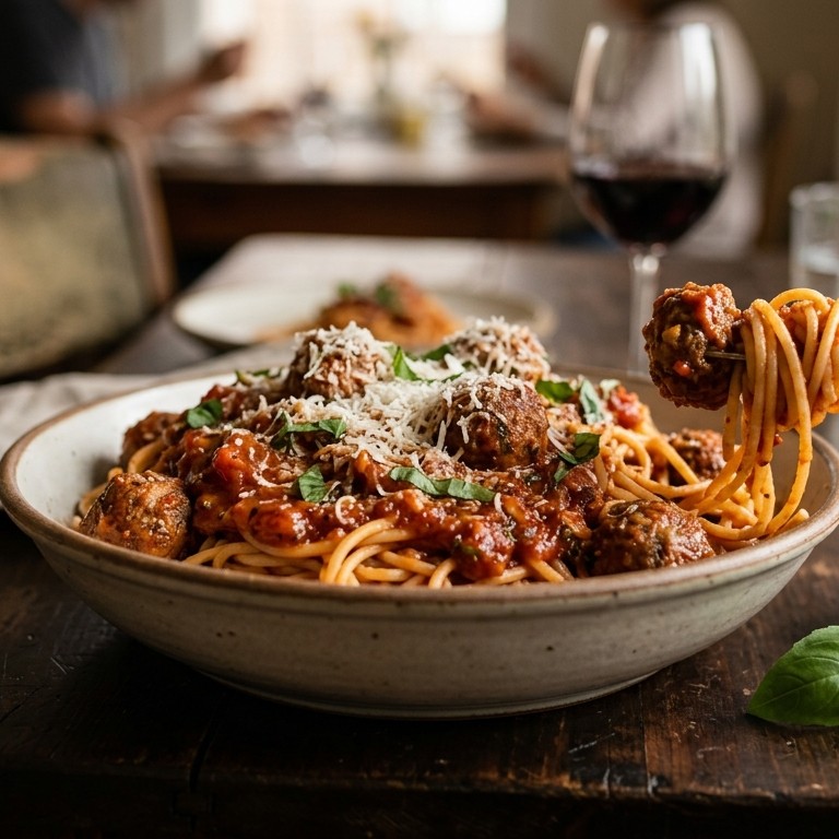 Huiselijke spaghetti met gehaktballetjes in tomatensaus