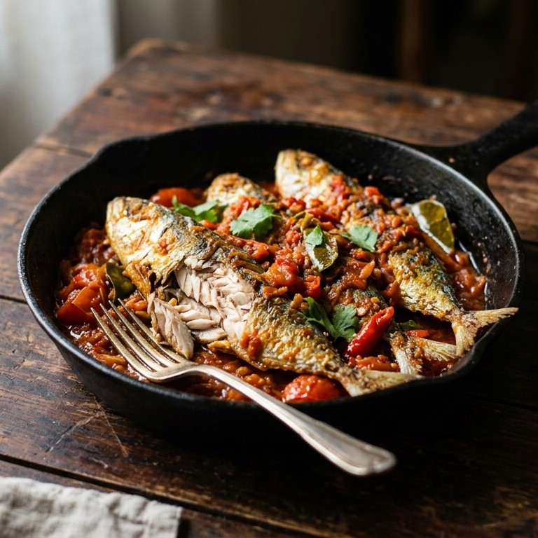 Ikan Be pindang (pittig gekruide sardientjes met tomaat)