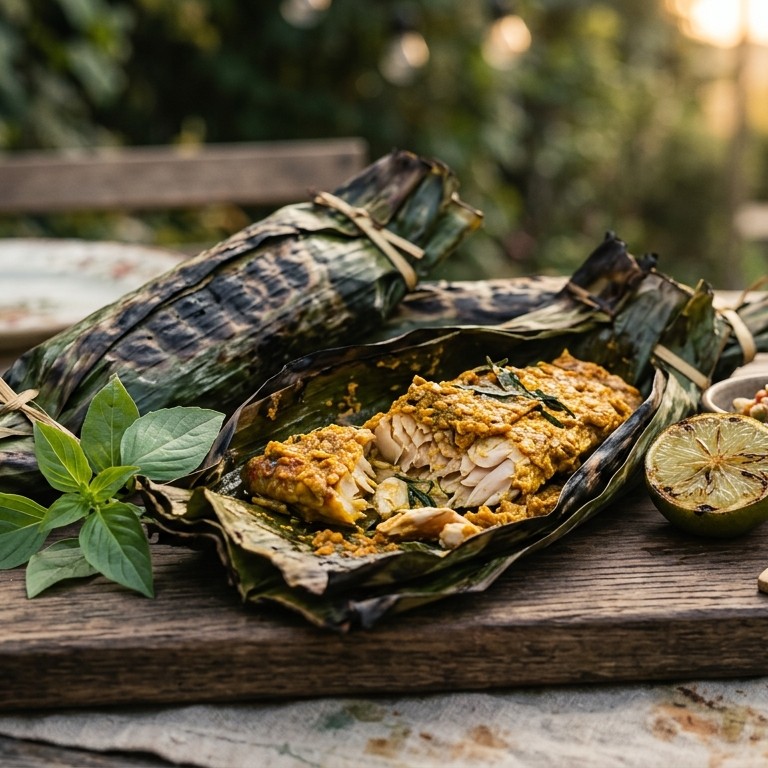Ikan Melilit (gekruide vispakketjes van de barbecue)