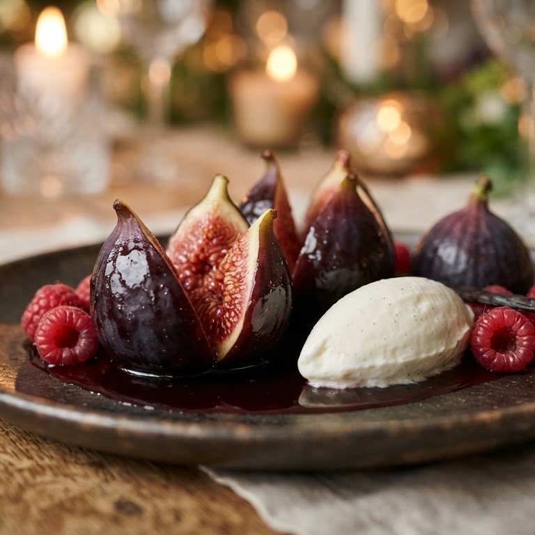 In rode wijn gepocheerde vijgen met vanillemascarpone