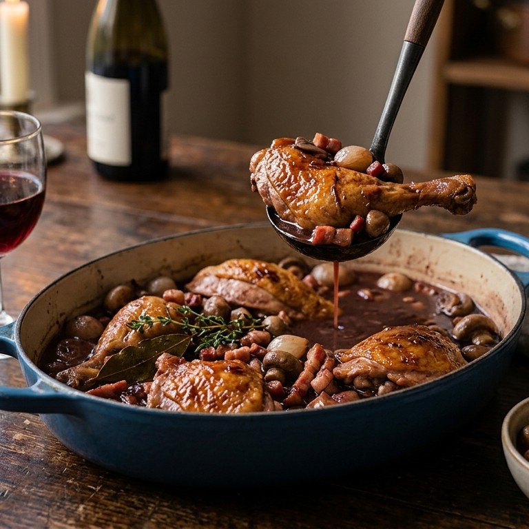 In wijn gestoofde kip (coq au vin)