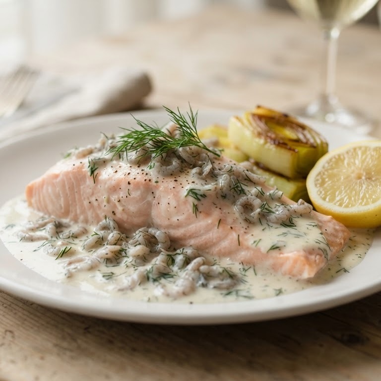 In witte wijn gepocheerde zalmfilet met garnalen-dille saus
