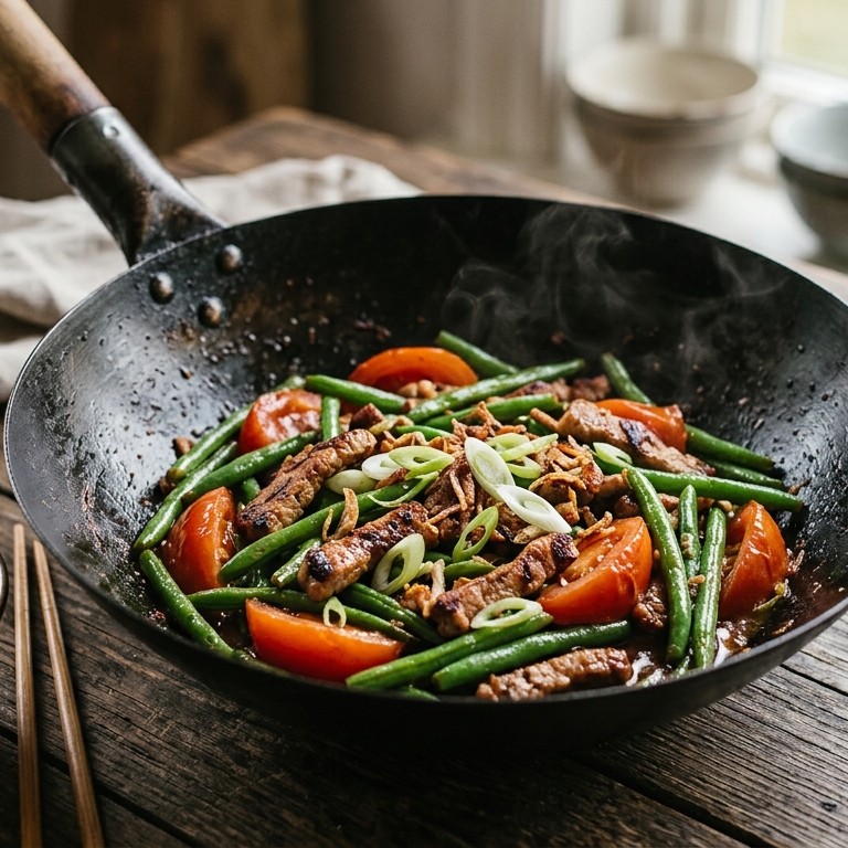 Indische boontjes met varkensvlees en tomaten