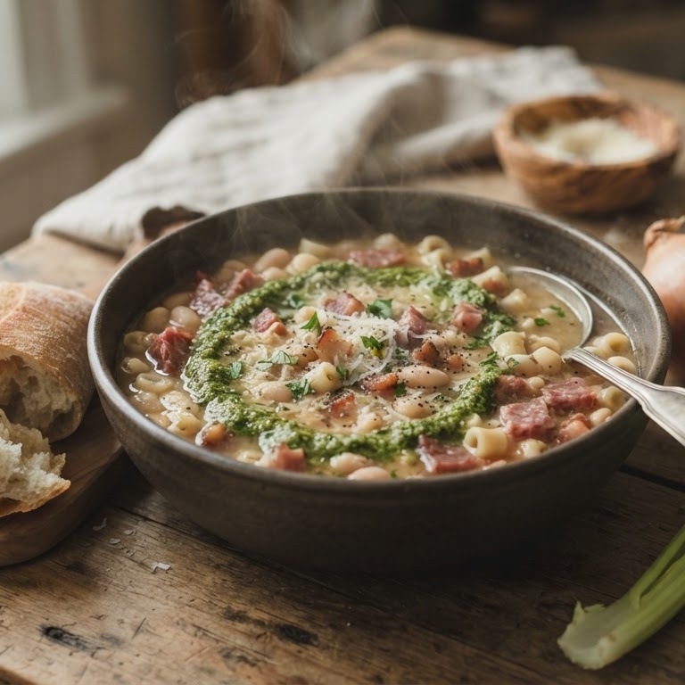 Italiaanse bonensoep met een knapperig broodje