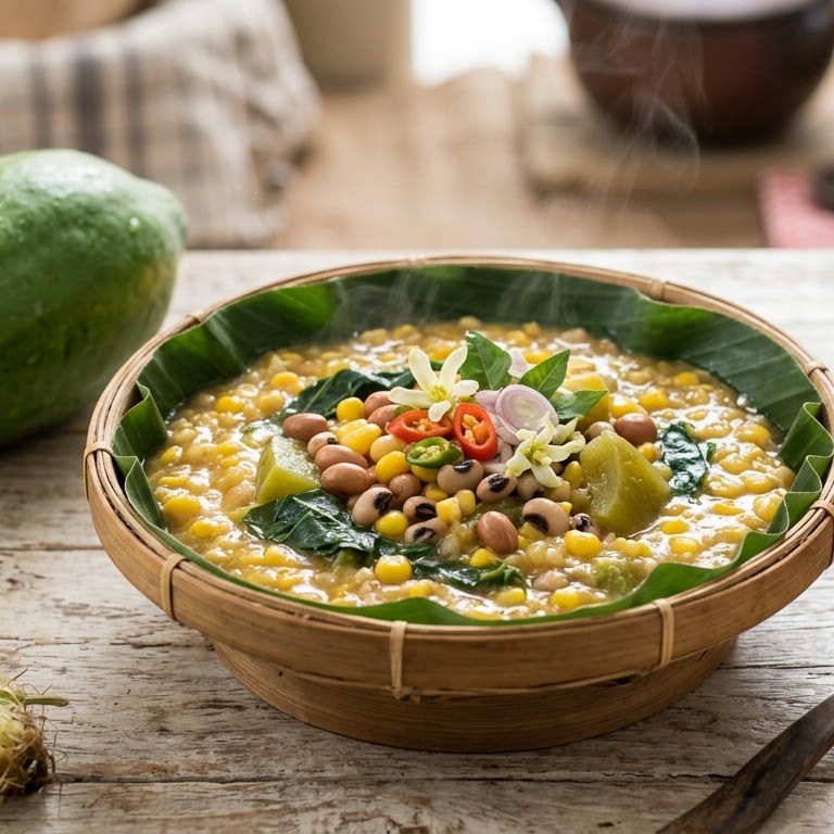 Jagung katemak (Pap van maïs, bonen met groenten)