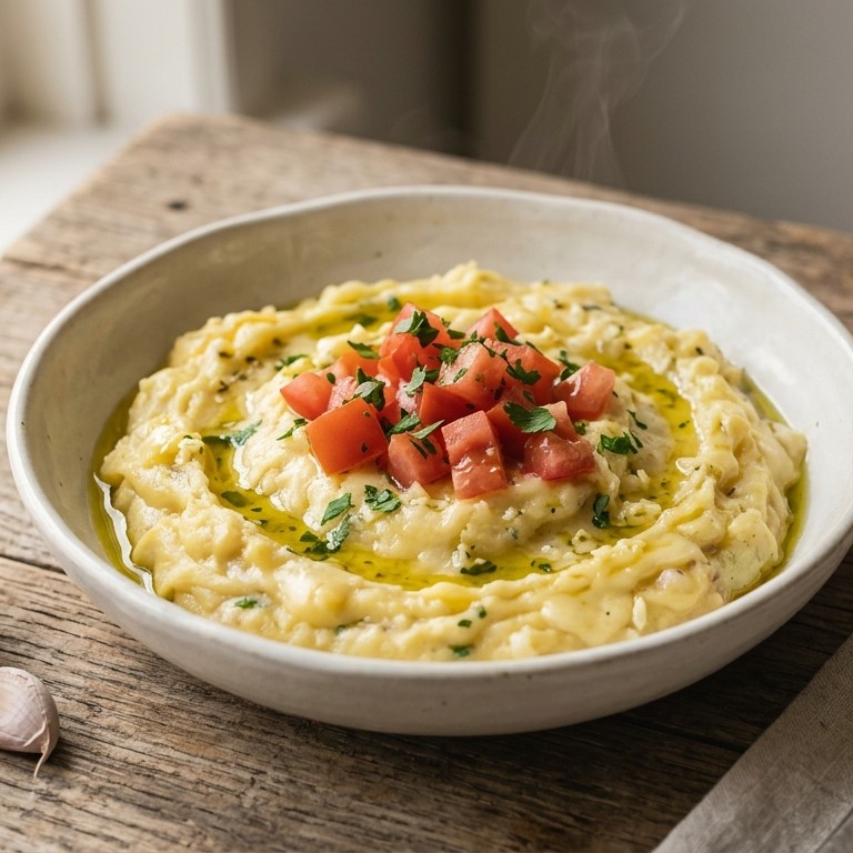 Kaas-aardappelpuree met knoflook en olijfolie