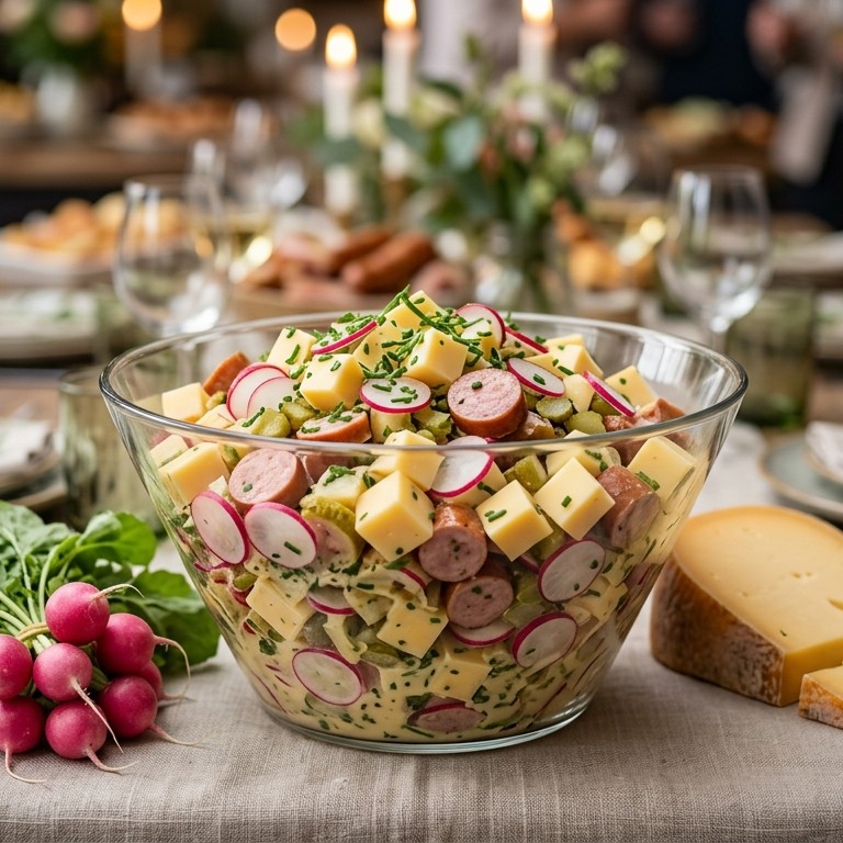 Kaas-worstsalade met radijsjes voor buffet