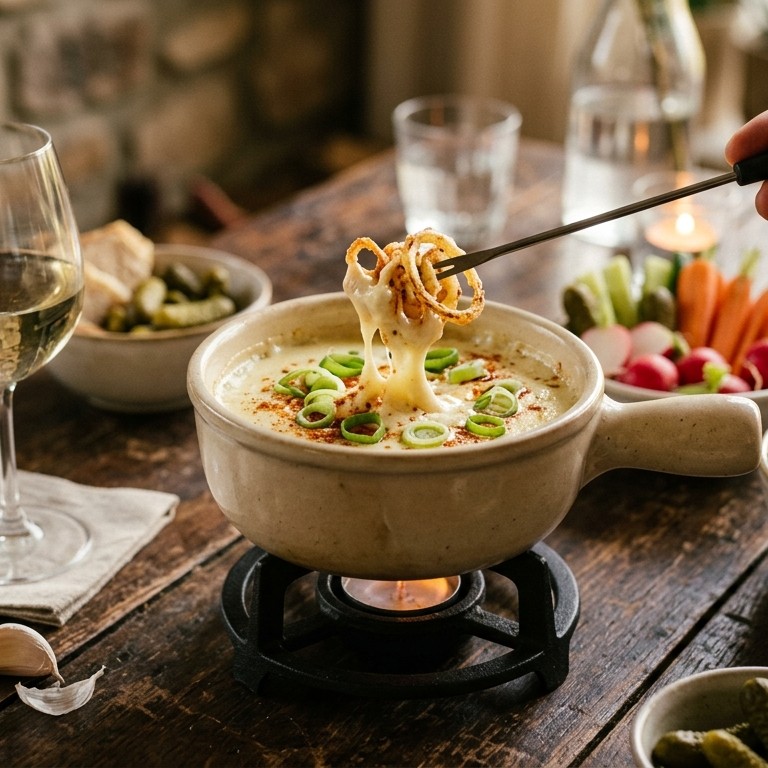 Kaasfondue met bosuitjesringen
