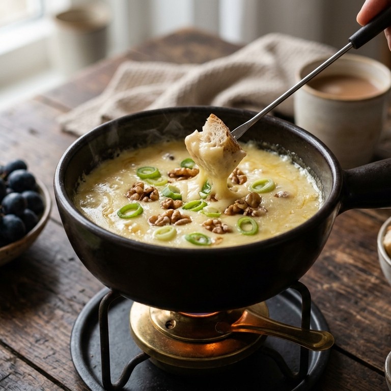 Kaasfondue met walnoten en bosui