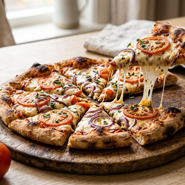 Kaaspizza met rode ui en tomaat