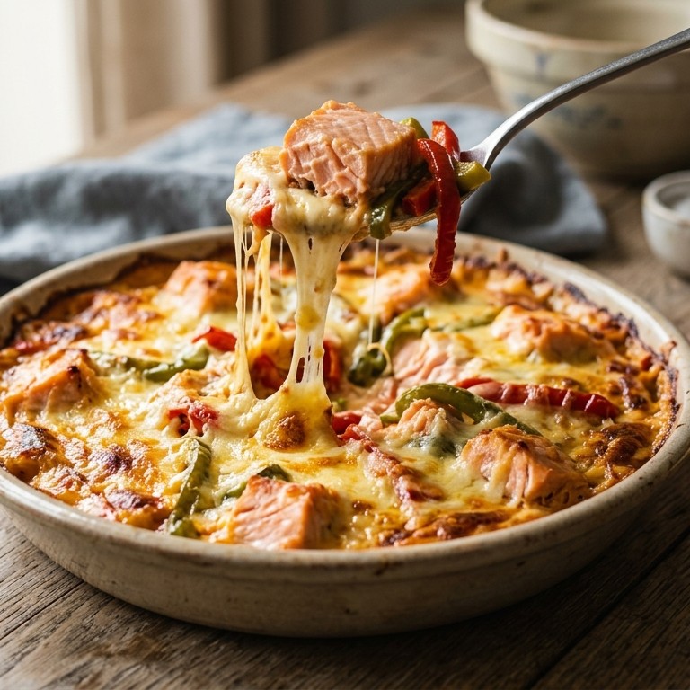 Kaasschotel met zalm en paprika