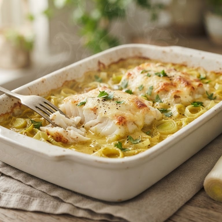 Kabeljauw met kerrie en prei uit de oven