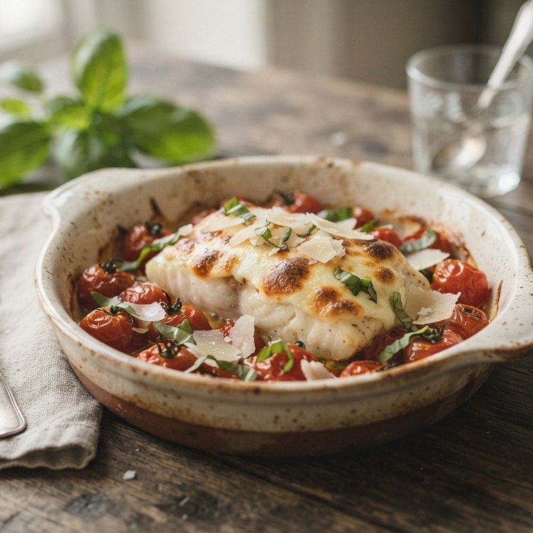 Kabeljauw met mozzerella en kerstomaatjes
