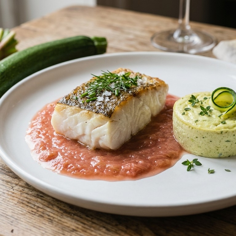 Kabeljauw met rabarber en courgetteflan