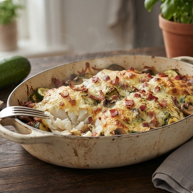 Kabeljauw uit de oven met courgette, spek en champignons