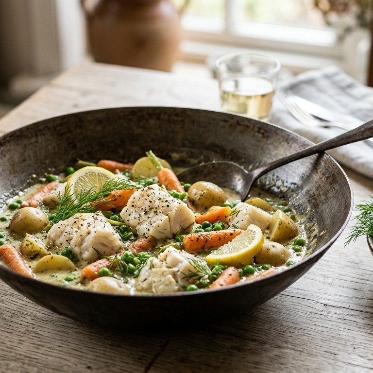 Kabeljauwpotje met witte wijn, mosterd en dille uit de wok