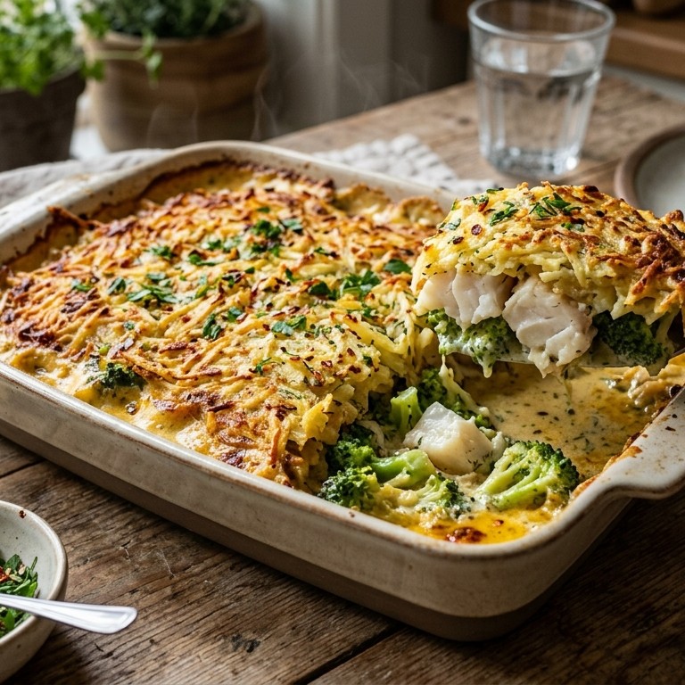 Kabeljauwschotel met broccoli en röstie