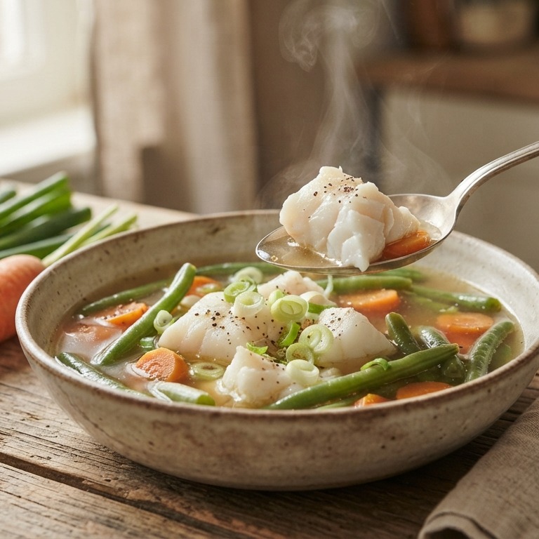 Kabeljauwsoep met haricots verts