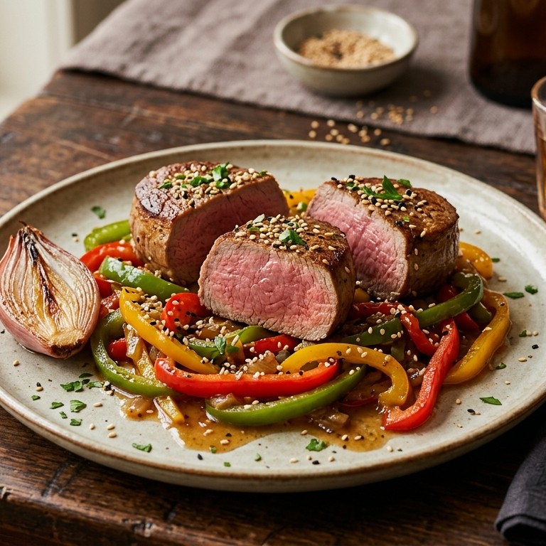 Kalfshaas met paprika en sesamzaadjes