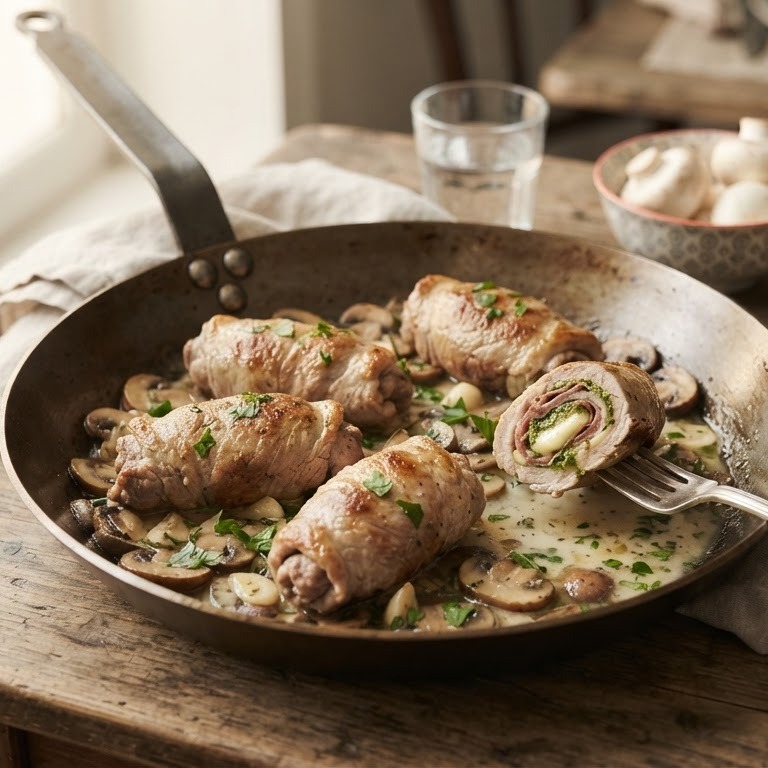 Kalfsrolletjes met ham en champignons