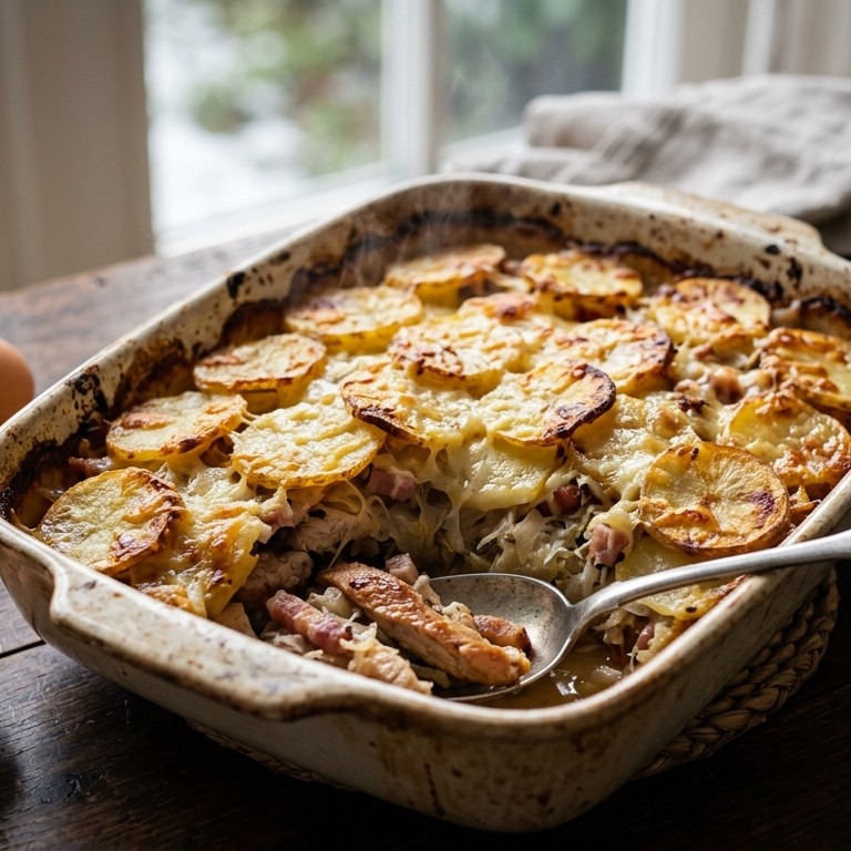 Kalkoen-zuurkool ovenschotel