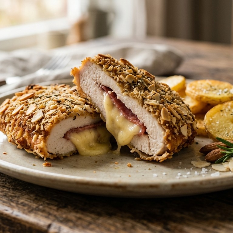 Kalkoencordon-bleu met amandelkorstje