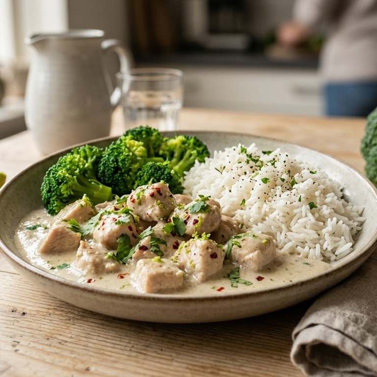 Kalkoenfilet in kokoslimoensaus met witte rijst en broccoli