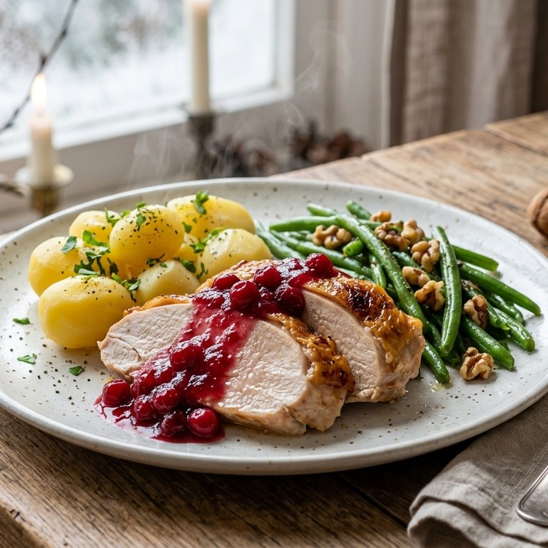 Kalkoenfilet met cranberrysaus en aardappelen met sperziebonen