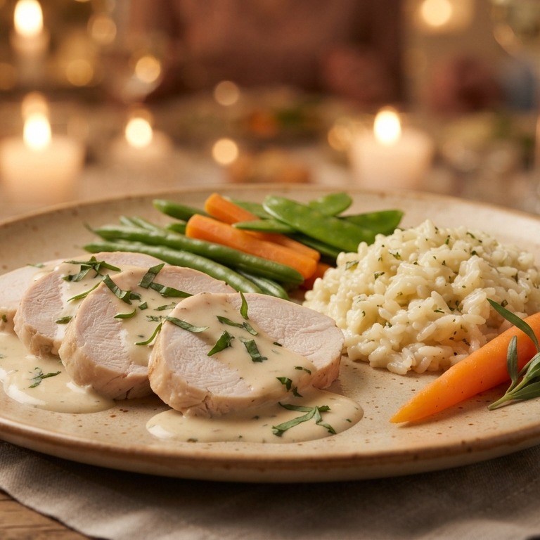 Kalkoenfilet met dragonsaus en gemengde groenten