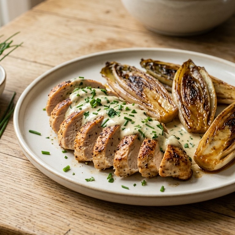 Kalkoenfilet met gebakken witloof en knoflooksaus