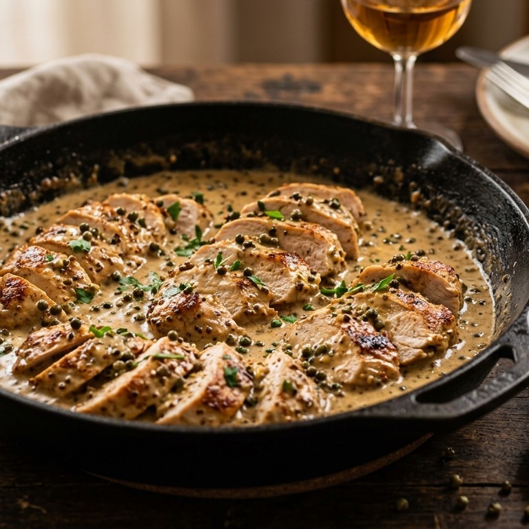 Kalkoenfilet met mosterd en peperroomsaus
