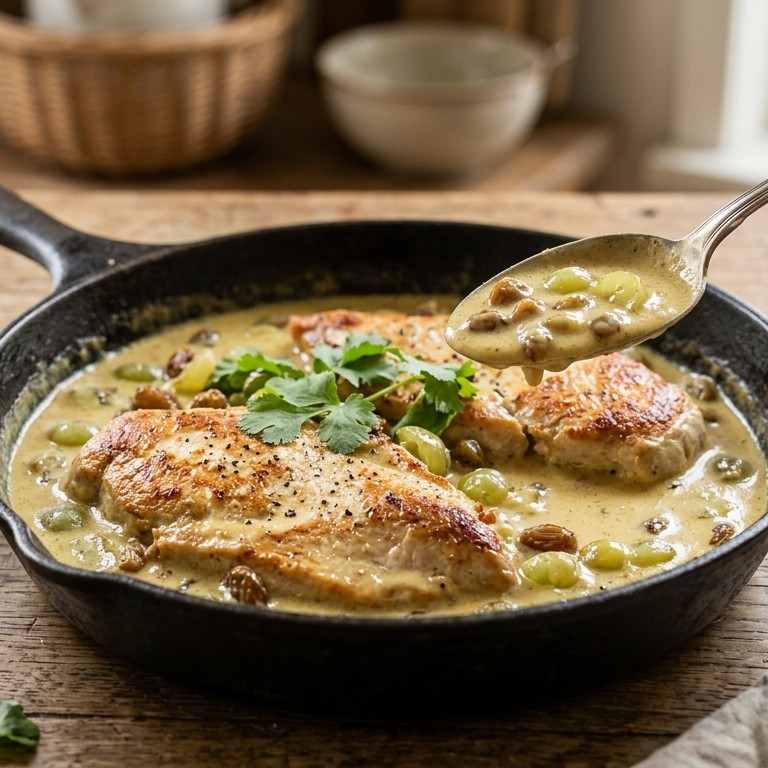 Kalkoenfilets met kerriesaus,rozijnen en druiven