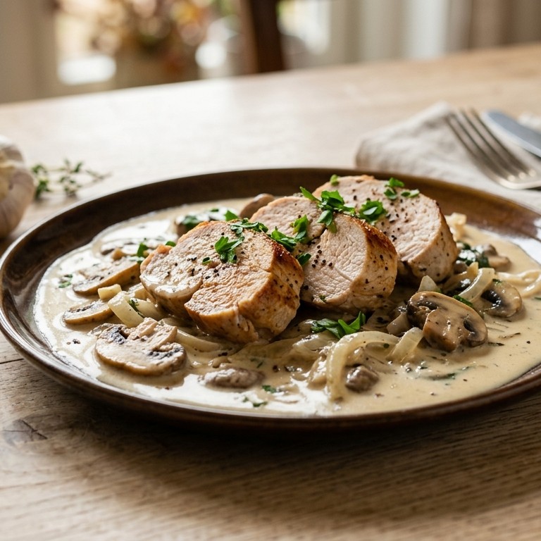 Kalkoenhaasjes in zure roomsaus met champignons