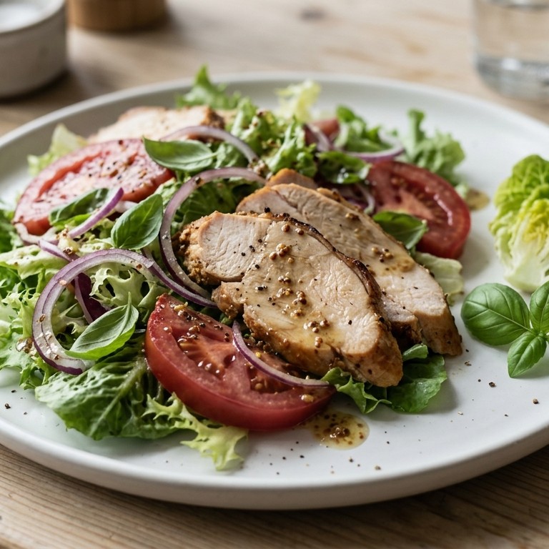 Kalkoensalade met vleestomaten, rode ui en mosterd