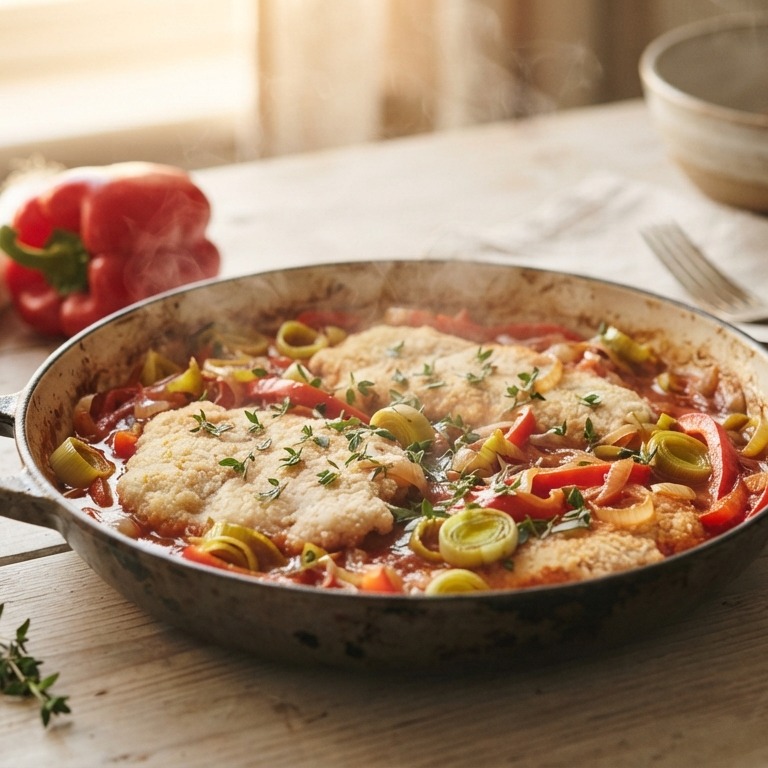 Kalkoenschnitzels met prei en paprika