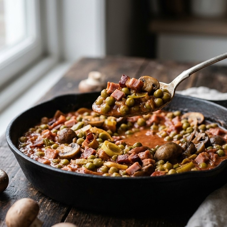 Kapucijners met spekjes, prei en spagheroni