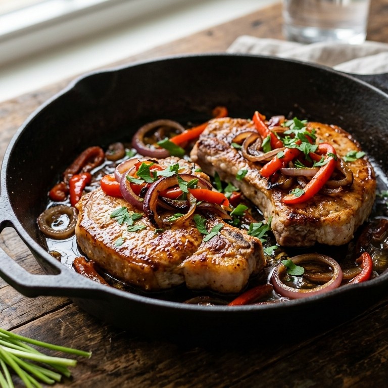 Karbonade met gebakken ui en paprika