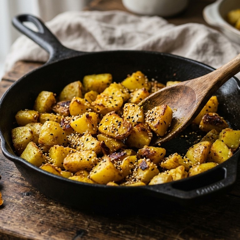 Kerrie-aardappelen met sesamzaad