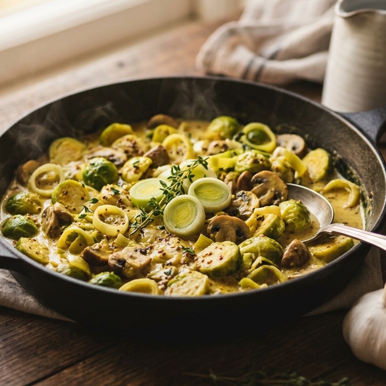 Kerriespruitjes met prei en champignons